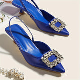 Chic All-Season Pointed-Toe Slingback Heels with Crystal Accents – Comfortable Faux Leather Sandals with Elastic Strap