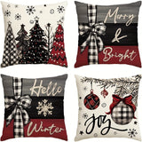 New Merry Christmas Joy Xmas Trees Red Throw Pillow Covers, 18 X 18 Inch Christmas Winter Holiday Cushion Case Decoration For Sofa, 4Pcs