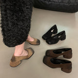 kamames Thick Heel Black Square Head Temperament Single Women's Shoes 2024 New Retro Shallow Mouth Evening Style High Heels