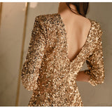 kamames Sequined Bodycon Dress Women Sexy Club Party Dresses O Neck Half Sleeve V Back Casual Girls 2020 Spring Summer Dress