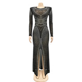 kamames Sexy Women Crystal Mesh Sheer Maxi Dress Ladies Long Sleeve See Through Bodycon Birthday Clubwear Long Dress Outfits