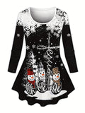 Women's Festive Christmas Snowman & Snowflake Print Long Sleeve Dress with High-Waist Leggings Set - Casual, Machine Washable