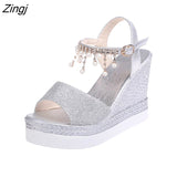 kamames New Women Wedge Sandals Summer Bead Studded Detail Platform Sandals Buckle Strap Peep Toe Thick Bottom Casual Shoes Ladies