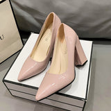 kamames kamames Heels Women's New Large Size Pointed Square With Shallow Fashion Patent Leather Thick With High Heel Professional Women's Single Shoes