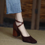 kamames kamames And Autumn New High Heels Female Suede Retro Square Head Thick With Cross Buckle Belt Korean Version Of Shallow Mouth Mary Jane Single Shoes Female