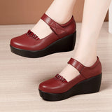 kamames Slope Heel Single Shoes Women's 2023 Thick Bottom Waterproof Platform Soft Soles Red Large Size 43 Middle-Aged Mother Shoes