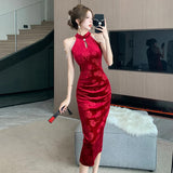 kamames Autumn New French Vintage Red Sleeveless Velvet Midi Dresses Women Elegant Chic Jacquard Beading Sexy Slim Female Clothing