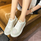 kamames Women Breathable Mesh Sneakers 2023 Summer Sparkling Crystal Flat Shoes Ladies Comfortable Platform Lace Up Casual Shoes