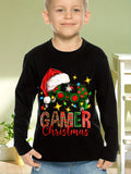 Christmas Hat Pattern Long Sleeve Crew Neck T-shirt For Boys, Cozy Slightly Stretch Spring Autumn Tee As A Christmas Gift