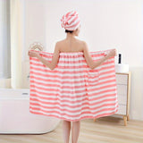 2pcs High Quality Striped Bath Towel Set, 1 Soft Cover Up Towel Skirt + 1 Super Absorbent Hair Drying Towel, Skin-friendly Shower Towel Set Gift, Bathroom Supplies, Home Supplies