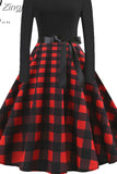 kamames Autumn Winter Women Plaid Print Dress Elegant Casual Vintgae Dress Robe Femme Black Patchwork A-line Party Vestidos