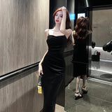 kamames Wedding Party Black Sleeveless Midi Dresses for Women 2023 Autumn New Sexy Fashion Slim Evening Velvet Female Clothing