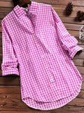 Plus Size Womens Lapel Collar Plaid Gingham Print Casual Long Sleeve Shirt - Soft Non-Stretch Polyester Fabric, Woven Construction, Perfect for Spring and Fall Seasons