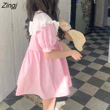 Zingj Sleeve Dress Women Peter Pan Collar Patchwork Sweet Girls Fashion A-line Baggy Casual Lovely Preppy Japanese Style Chic Ins