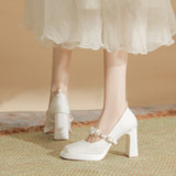 kamames kamames Square Head Thick Heel High Heels 2024 Spring French Pearl One Word Buckle Satin Wedding Shoes Bride Shoes