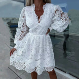 Zingj Hollow Out Long Sleeved Waist Office Dress New Spring Lace Patchwork Dress Chic Women O-neck Pearl Button Solid Mini Dress