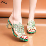 kamames Women Summer Fashion Rhinestone Slipper Sexy Hollow Out Chunky High Heels Sandals Crystal Party Shoes Woman Flip Flops