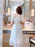 kamames Elegant Floral Chiffon Party Dress Women Fashion Puff Sleeve A Line Midi Dress Sweet Square Collar Korean Female Vestidos