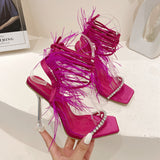 kamames 2024 New Catwalk Style Square-Headed Women's Shoes Diamond Feather With Summer