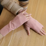 Simple Solid Color Fingerless Gloves, Short Elastic Self-heating Gloves, Winter Thin Warm Gloves For Women