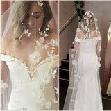 kamames Appliques Wedding Veil 3D Flowers Pearls Bridal Veils Chapel Length Elegant Bride Veils Wedding Accessories
