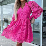 Zingj Hollow Out Long Sleeved Waist Office Dress New Spring Lace Patchwork Dress Chic Women O-neck Pearl Button Solid Mini Dress