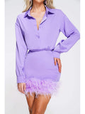 kamames Women Lapel Collar Long Sleeve Feathers Mini Dress Elegant Purple Orchid Feather High Waist Bodycon Dress Evening Club Party