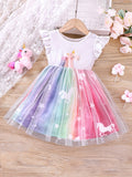 Toddler Girls Cartoon Unicorn Ruffled Sleeveless Round Neck Contrast Mesh Dress Kids Summer Clothes