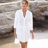 kamames Queens Vintage Women Solid V-neck Long Sleeve Hollow Out Beach Mini Dress Ladies White Boho Dresses Cover-up