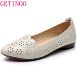 GKTINOO Breathable Genuine Leather Summer Shoes Woman 2021 Flat Heel Hollow Out Flats Slip On Shoes For Women Soft