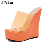kamames Orange Yellow Platform Wedges Slippers For Women High Quality PVC Transparent Jelly Shoes Summer Sandals Size 35-42