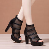 kamames Thick-Heeled Sandals Women's 2023 Summer New Net Gauze Fish Mouth Shoes Women's Waterproof Table Hollowed-Out Roman Sandals