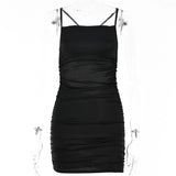 kamames Satin Spaghetti Strap Mini Dress Women's Sexy Backless Bandage Bodycon Dresses Women Ruched Night Party Club Dress