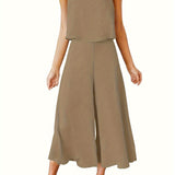 Two-Piece Elegant Outfit - Crew Neck Tank Top & Wide Leg Pants Set - Polyester Solid Color Spring/Summer Wear with Zipper, No Elasticity, Woven Fabric, and Classic Style