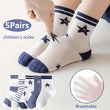 5 Pairs Of Boy's Trendy Cartoon Pentagram Striped Pattern Crew Socks, Breathable Comfy Casual Style Unisex Socks For Kids Outdoor All Seasons Wearing