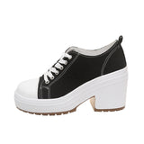kamames High-Top Canvas Shoes Women's 2024 New Retro Thick Heels With Round Head Lace-Up Thick Soles And Small White Shoes