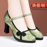 kamames New Chinese Cheongsam Walking Shoes Retro Single Shoes High Thick Heels With Chinese Style Horse Dress Shoes Children