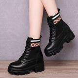 kamames Boots For Women 2023 Winter Motorcycle Boots 9cm Wedges Heel High Platform Leather Shoes Woman Winter Thick Fur Snow Boots
