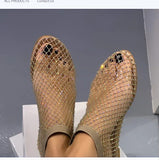 kamames Summer New Round-Headed Sandals Hollowed-Out Network Celebrity Diamond-Encrusted Short Boots Summer Sexy Large-Size Flat Shoes