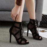 kamames Black Net Suede Fashionable Cross-Tie Large Size Fish Mouth Sexy High-Heeled Lace-Up Women's Shoes