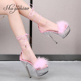 kamames Shuzumiao Women's Sandals 2021 Summer New Waterproof Platform Transparent Fur High Heels Cross Straps Thin Heel Pole Dance Shoes