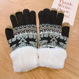 Plus Velvet Thickened Warm Gloves Winter Stretch Cute Deer Print Gloves Outdoor Cycling Touch Screen Coldproof Gloves Christmas Gift