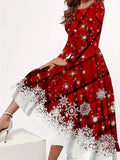 Vintage Chic Christmas Print Long Sleeve Midi Dress - Women's Crew Neck Dresses for Fall & Winter - Elegant, Comfortable, and Festive Holiday Clothing for Ladies