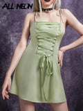 kamames 2000s Vintage Ribbon Trim Light Green Satin Dresses Y2K Fairy Aesthetics Lace Up Front A-line Backless Slip Dress Summer