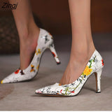 kamames Women High Heels Summer Floral Print Thin Heels Tie Ankle Sexy Lady Pumps Female Chaussure Femme Casual Shoes for Women 2023 New