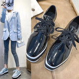 kamames new Spring Casual Solid Flat Women Shoes Patent Leather Lace-Up Loafers Flat Platforms British Style Ladies Oxfords35-42