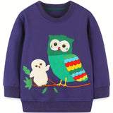 Vibrant Cartoon Owl Graphic Sweatshirt for Boys - Soft Stretch Fabric, Casual Creative Design, Comfortable Spring/Autumn Wear, Relaxed Fit, Easy Care