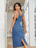 Blue Denim Chic Overall Dress with Adjustable Straps - Stylish Non-Stretch Fabric, Practical Patch Pockets & Fashionable Split - Womens Premium Denim Clothing