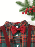 Boys' 2pcs Christmas Plaid Shirt & Suspender Pants Set - Perfect for Holidays, Birthdays, Weddings & More - Machine Washable