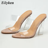 kamames Super Sexy Peep Toe PVC Transparent Hollow Women Summer Slippers Design Plexiglass Hoof Clear Heel Slides Shoes